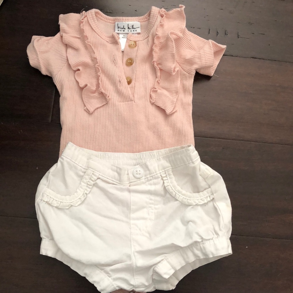 pink cute onsie and white shorts